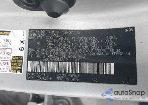 2006 Toyota Highlander z USA, uszkodzony, nr VIN JTEGD21A460137419